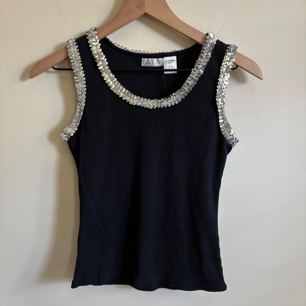 Voice Black Ribbed Sequin Trim Tank Top Silver Embellished Scoop Neck Large
